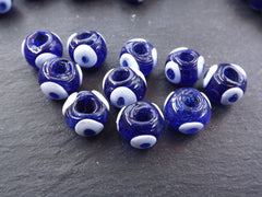 10 Blue Glass Evil Eye Beads, Chunky Rondelle Artisan Handmade Lucky Protective Navy Nazar Beads, 10x12mm