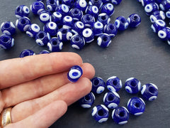 10 Blue Glass Evil Eye Beads, Chunky Rondelle Artisan Handmade Lucky Protective Navy Nazar Beads, 10x12mm