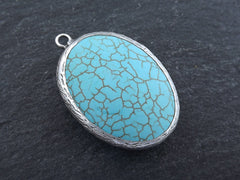 Oval Turquoise Pendant, Blue Pendant, Oval Stone Pendant, Turquoise Charm, Silver Bezel, Gemstone Pendant, Matte Antique Silver plated - 1pc