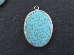 Oval Turquoise Pendant, Blue Pendant, Oval Stone Pendant, Turquoise Charm, Silver Bezel, Gemstone Pendant, Matte Antique Silver plated - 1pc