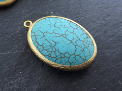 Oval Turquoise Pendant, Blue Pendant, Oval Stone Pendant, Turquoise Charm, Gold Bezel, Gemstone Pendant, 22k Matte Gold plated - 1pc