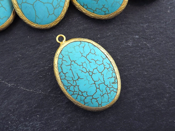 Oval Turquoise Pendant, Blue Pendant, Oval Stone Pendant, Turquoise Charm, Gold Bezel, Gemstone Pendant, 22k Matte Gold plated - 1pc