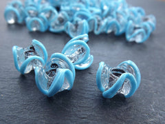 Sky Blue Zig Zag  Line Clear Translucent Pinched Wave Artisan Handmade Glass Bead - 15 x 12mm - 10pcs