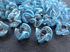 Sky Blue Zig Zag  Line Clear Translucent Pinched Wave Artisan Handmade Glass Bead - 15 x 12mm - 10pcs