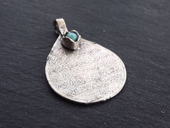 Teardrop Medallion Pendant with Turquoise Stone Accent, Arabic Calligraphy, Matte Antique Silver Plated - 1pc