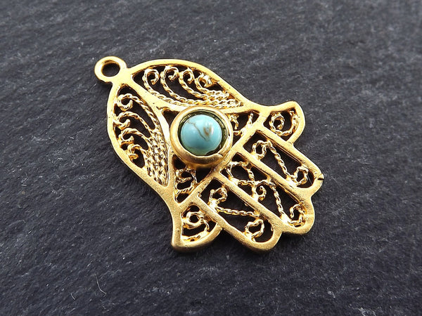 Filigree Hand of Fatima Hamsa Pendant Charm with Smooth Turquoise Stone Accent - 22k Matte Gold Plated