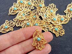 Filigree Hand of Fatima Hamsa Pendant Charm with Smooth Turquoise Stone Accent - 22k Matte Gold Plated