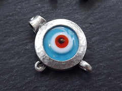 Blue Evil Eye Pendant, Evil Eye Charm, Glass Evil Eye, Lucky Bead, Turkish Eye, Greek Eye, Bracelet Pendant, Matte Antique Silver Plated 1pc