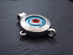 Blue Evil Eye Pendant, Evil Eye Charm, Glass Evil Eye, Lucky Bead, Turkish Eye, Greek Eye, Bracelet Pendant, Matte Antique Silver Plated 1pc