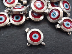 Red Evil Eye Pendant, Evil Eye Charm, Glass Evil Eye, Lucky Bead, Turkish Eye, Greek Eye, Bracelet Pendant, Matte Antique Silver Plated 1pc