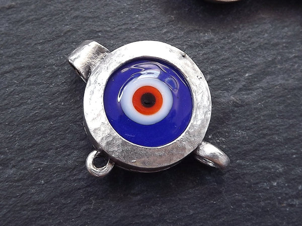 Evil Eye Pendant Connector, Royal Blue Evil Eye, Evil Eye Charm, Glass Evil Eye, Lucky Bead, Turkish Greek Eye, Antique Silver Plated 1pc