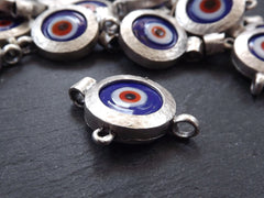 Evil Eye Pendant Connector, Royal Blue Evil Eye, Evil Eye Charm, Glass Evil Eye, Lucky Bead, Turkish Greek Eye, Antique Silver Plated 1pc