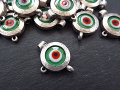 Evil Eye Pendant, Green Evil Eye, Evil Eye Charm, Glass Evil Eye, Green Eye, Lucky Bead, Turkish Eye, Greek Eye, Antique Silver Plated 1pc