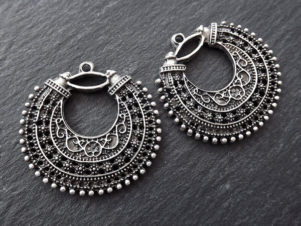 Silver Earring Pendant, Exotic Pendant, Filigree Pendant, Earring Chandelier, Silver Chandelier, Crescent, Matte Antique Silver Plated 2pc