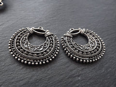 Silver Earring Pendant, Exotic Pendant, Filigree Pendant, Earring Chandelier, Silver Chandelier, Crescent, Matte Antique Silver Plated 2pc