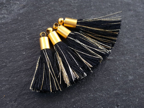 Mini Black Metallic Gold Tassel Charms, Earring Bracelet Tassel, Black Thread, Boho Fringe, 22k Matte Gold Plated Cap, 26mm, 4pc