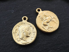 Greek Gold Coin, Coin Charm, Rustic Coin, Large Coin, Syracuse Didrachm, Coin Pendant, Artemis, Greek Mythology, 22k Matte Gold Plated 2pc