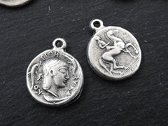 Greek Silver Coin, Coin Charm, Rustic Coin, Large Coin, Syracuse Didrachm, Coin Pendant, Artemis, Greek Mythology, Antique Silver Plated 2pc