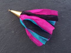 Sari Silk Tassel, Ethnic Pendant, Black, Fuchsia Pink, Turquoise Blue, Boho, Bohemian, Tassel Pendant, Gold Cap, 4.4 inches - 113mm, 1 pc