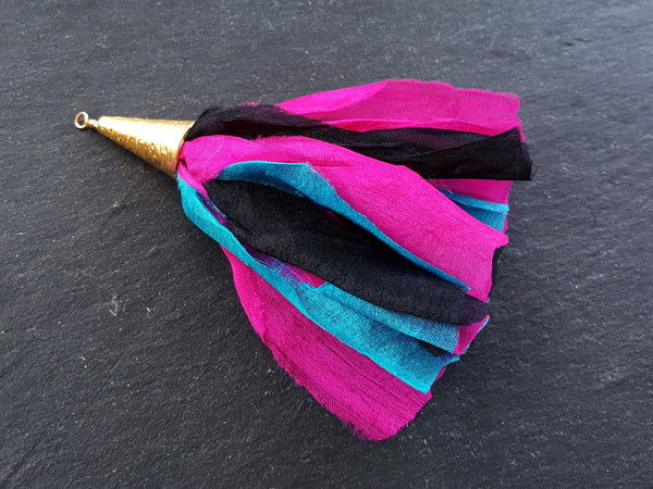 Sari Silk Tassel, Ethnic Pendant, Black, Fuchsia Pink, Turquoise Blue, Boho, Bohemian, Tassel Pendant, Gold Cap, 4.4 inches - 113mm, 1 pc
