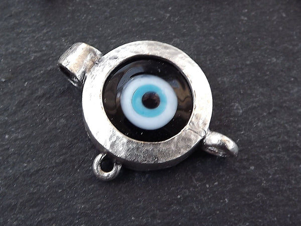 Black Evil Eye, Evil Eye Pendant, Evil Eye Charm, Glass Evil Eye, Black Eye, Lucky, Turkish Eye, Greek Eye, Antique Silver Plated 1pc