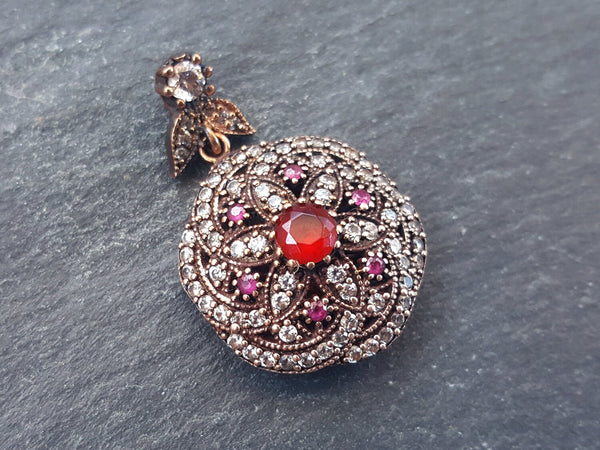 Turkish Round Pendant Ruby Red Clear Crystal Accents, Petal Bail, Ethnic Pendant, Focal Pendant - Sterling Silver Antique Bronze - 1PC