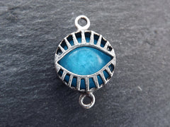 Blue Evil Eye Jade Stone Connector Charm, Evil Eye Pendant, Evil Eye Charm, Necklace Pendant, Lucky, Protective - Antique Silver Plated