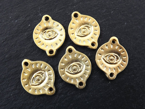 Gold Evil Eye Charm Bead Connectors, All Seeing Eye Pendants, Engraved Turkish Eye, Greek Eye, 22k Matte Gold Plated