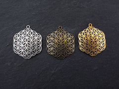 Silver Flower of Life Pendant, Hexagon Pendant, Disc Pendant, Ethnic Pendant, Mandala Jewelry, Yoga Pendant, Matte Antique Silver 2pc