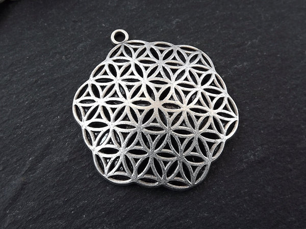 Silver Flower of Life Pendant, Hexagon Pendant, Disc Pendant, Ethnic Pendant, Mandala Jewelry, Yoga Pendant, Matte Antique Silver 2pc