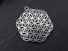 Silver Flower of Life Pendant, Hexagon Pendant, Disc Pendant, Ethnic Pendant, Mandala Jewelry, Yoga Pendant, Matte Antique Silver 2pc