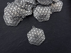 Silver Flower of Life Pendant, Hexagon Pendant, Disc Pendant, Ethnic Pendant, Mandala Jewelry, Yoga Pendant, Matte Antique Silver 2pc