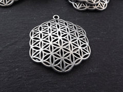 Silver Flower of Life Pendant, Hexagon Pendant, Disc Pendant, Ethnic Pendant, Mandala Jewelry, Yoga Pendant, Matte Antique Silver 2pc