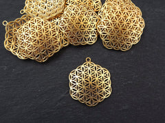 Flower of Life Pendant, Hexagon Pendant, Disc Pendant, Ethnic Pendant, Mandala Jewelry, Yoga Pendant, 22k Matte Gold Plated 2pc