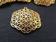 Flower of Life Pendant, Hexagon Pendant, Disc Pendant, Ethnic Pendant, Mandala Jewelry, Yoga Pendant, 22k Matte Gold Plated 2pc