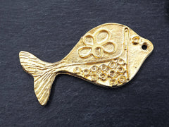 Funky Fish Pendant, Gold Fish Pendant, Gold Fish, Golden Fish, Nautical Pendant, Folk Pendant, Large Fish, Fish Charm  22k Matte Gold Plated