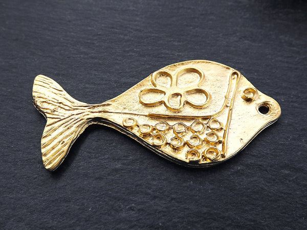Funky Fish Pendant, Gold Fish Pendant, Gold Fish, Golden Fish, Nautical Pendant, Folk Pendant, Large Fish, Fish Charm  22k Matte Gold Plated
