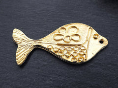 Funky Fish Pendant, Gold Fish Pendant, Gold Fish, Golden Fish, Nautical Pendant, Folk Pendant, Large Fish, Fish Charm  22k Matte Gold Plated