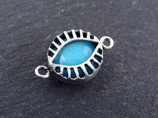 Blue Evil Eye Jade Stone Connector Charm, Evil Eye Pendant, Evil Eye Charm, Necklace Pendant, Lucky, Protective, Antique Silver Plated - T2