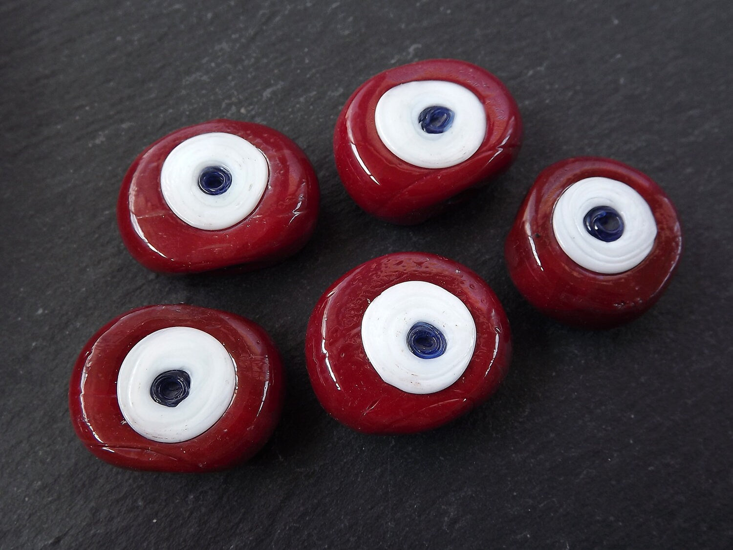 Red Evil Eye Beads, Red Evil Eye, Cranberry Red,  Nazar, Glass Bead, Handmade, Protective, Lucky, Greek Eye, Amulet, 26 mm VALUE PACK - 5pc