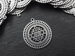 Sri Yantra pendant, Sacred Geometry Pendant, Mandala Necklace Pendant, Round Silver Pendant, Ethnic Pendant, Yoga, Antique Silver Plated 2pc