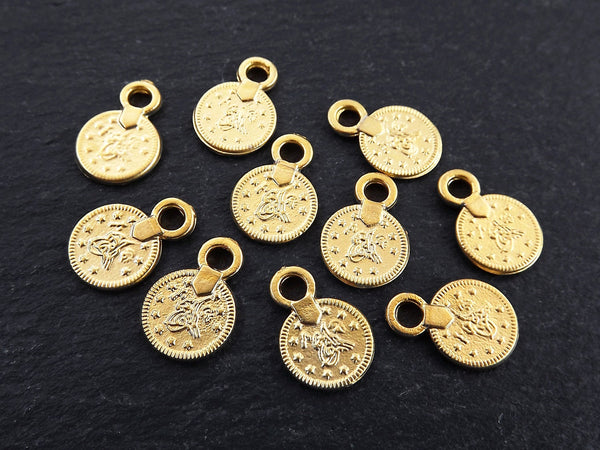 Mini Gold Coin Charm Pendants, Small Round Chunky Coins, 22k Matte Gold Plated - 10pc