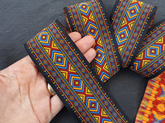 Ethnic Geometric Ribbon, Orange, Red, Blue, Black, Woven, Embroidered Ribbon, Jacquard Trim, 50mm Wide - 1 Meter or 3.3 Feet or 1.09 Yards