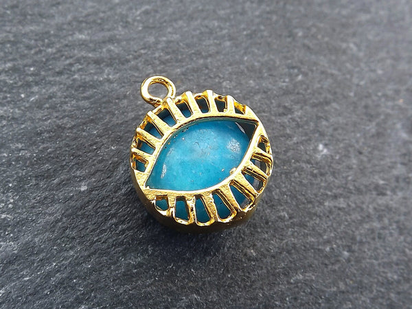 Blue Evil Eye, Evil Eye Charm, Jade Pendant, Evil Eye Pendant, Caged Evil Eye, Necklace Pendant, Lucky, Protective - 22k Matte Gold Plated