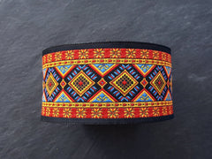 Ethnic Ribbon, Geometric, Diamond, Blue, Red, Yellow, Woven, Embroidered Ribbon, Jacquard Trim, 50mm Wide, 1 Meter or 3.3 Feet or 1.09 Yards