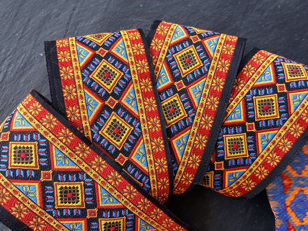 Ethnic Ribbon, Geometric, Diamond, Blue, Red, Yellow, Woven, Embroidered Ribbon, Jacquard Trim, 50mm Wide, 1 Meter or 3.3 Feet or 1.09 Yards