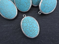 Oval Turquoise Pendant, Blue Pendant, Oval Stone Pendant, Turquoise Charm, Silver Bezel, Gemstone Pendant, Matte Antique Silver plated - 1pc