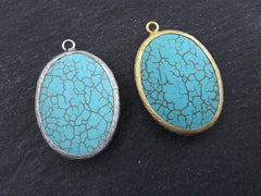 Oval Turquoise Pendant, Blue Pendant, Oval Stone Pendant, Turquoise Charm, Gold Bezel, Gemstone Pendant, 22k Matte Gold plated - 1pc