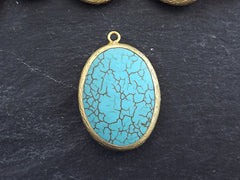 Oval Turquoise Pendant, Blue Pendant, Oval Stone Pendant, Turquoise Charm, Gold Bezel, Gemstone Pendant, 22k Matte Gold plated - 1pc