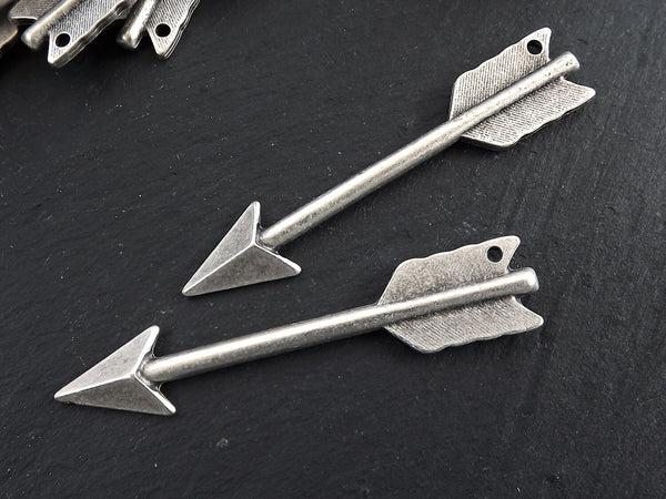 Silver Arrow Pendant, Arrow Charm, Long Arrow, Archery Charm, Arrowhead, Native Arrow Charm, Tribal Charms, Matte Antique Silver Plated, 2pc